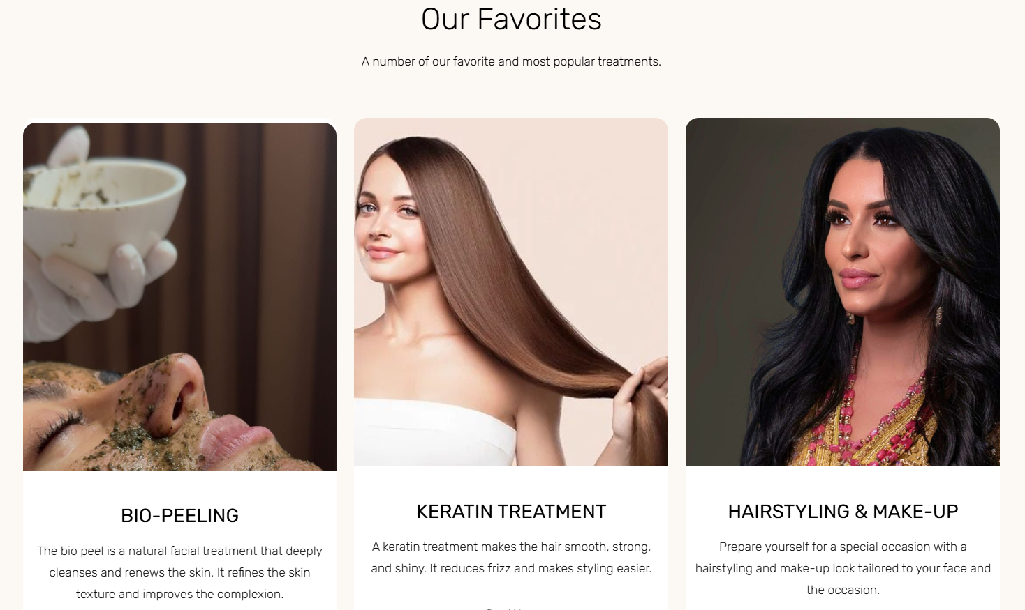 UX UI design for beauty salon website showing treatment overview including bio peeling, keratin treatment, and hairstyling services