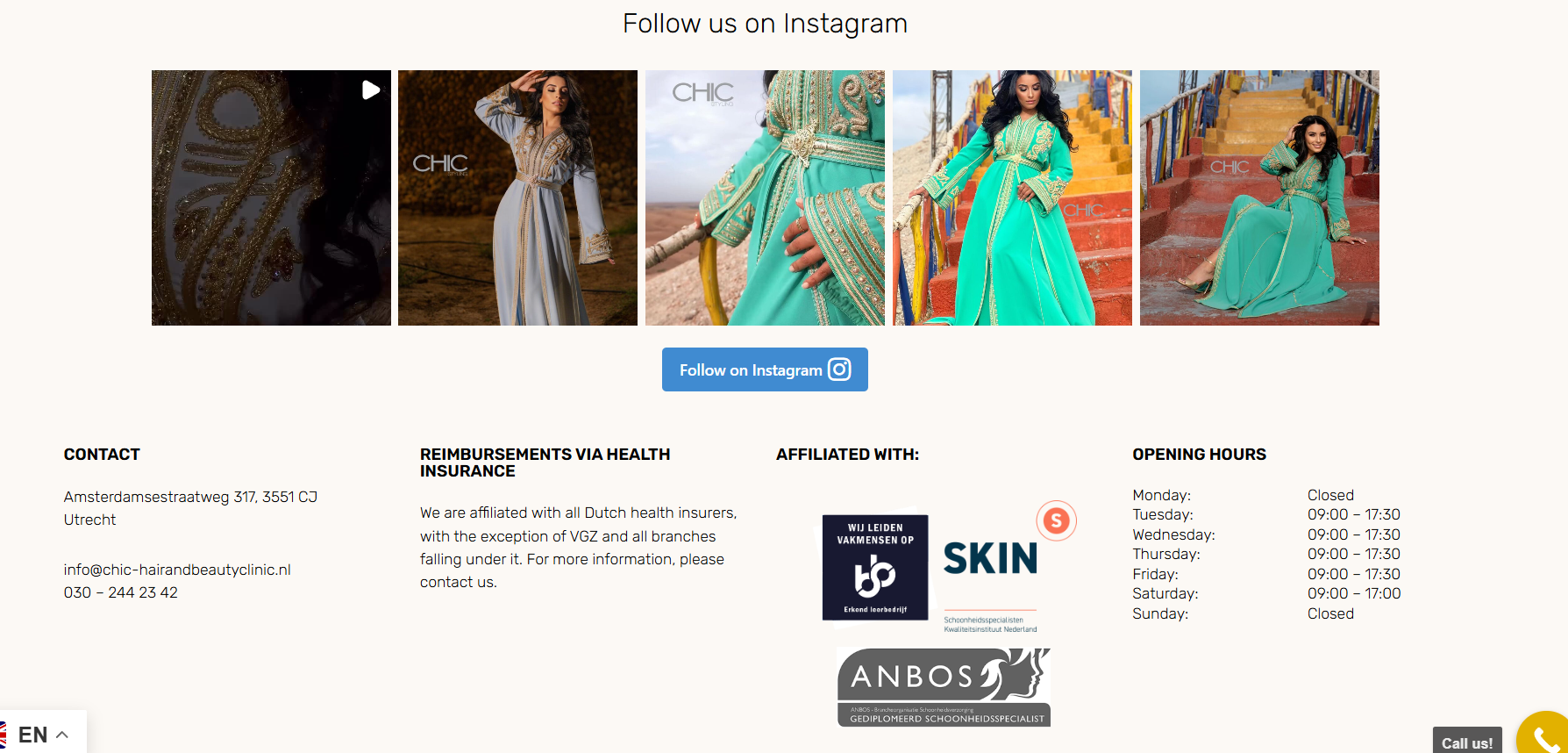 UX UI design for beauty salon website footer showing contact details, opening hours, and trust badges