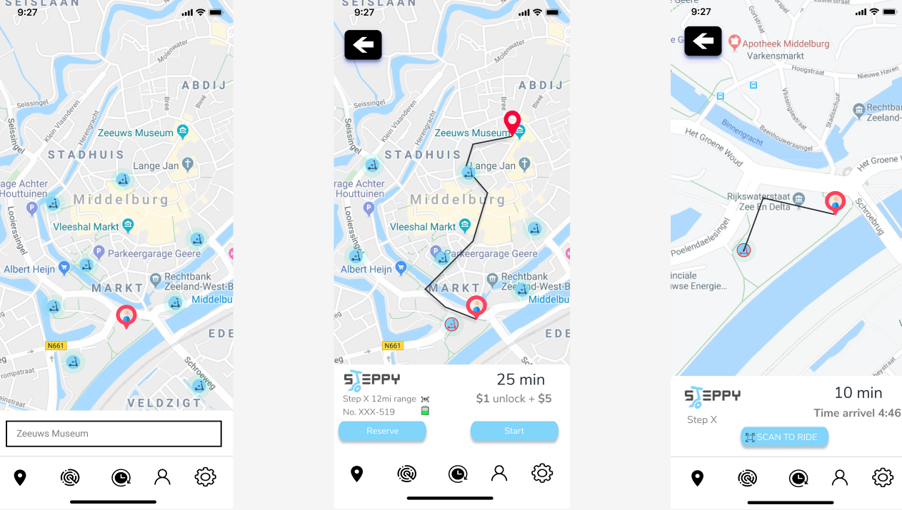 UX UI design for map-based interface in electric scooter app showing location tracking and navigation in urban environment
