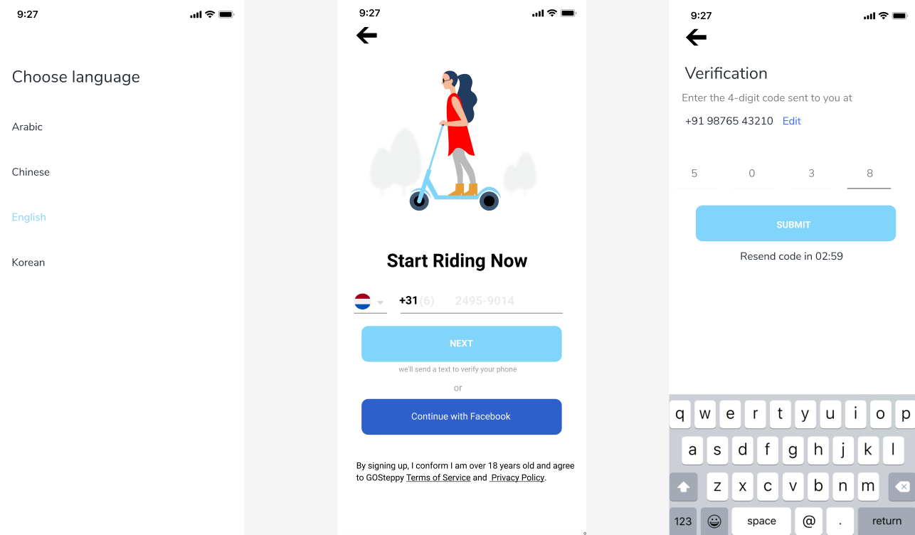 UX UI design for onboarding and verification flow in e-mobility scooter app including login and phone verification