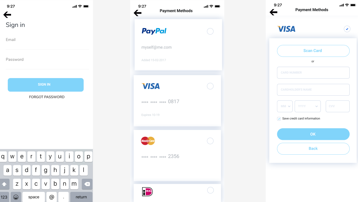UX UI design for e-mobility scooter app payment screen with payment methods and account management