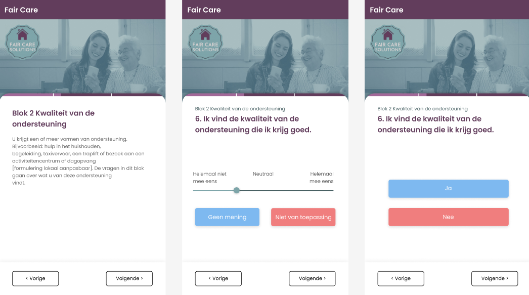 UX UI design for elderly care questionnaire mobile app used by healthcare professionals to assess home care and WMO support services