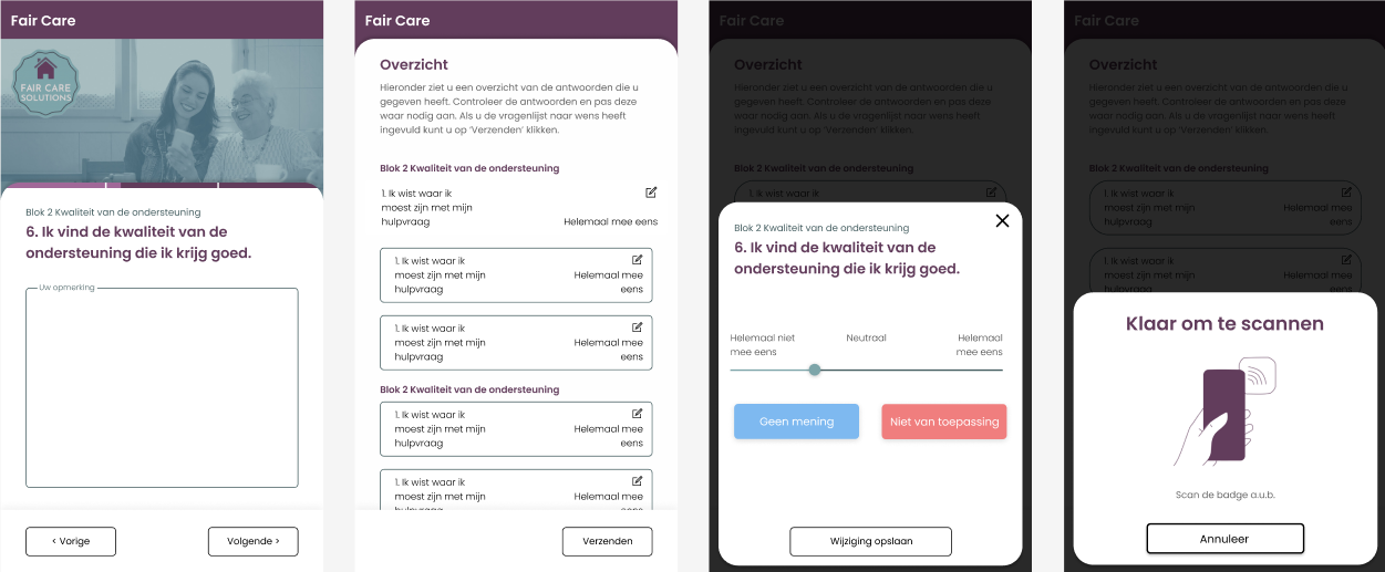 UX UI design for healthcare app dashboard showing care assessment overview, editable responses, and scan functionality for elderly care services