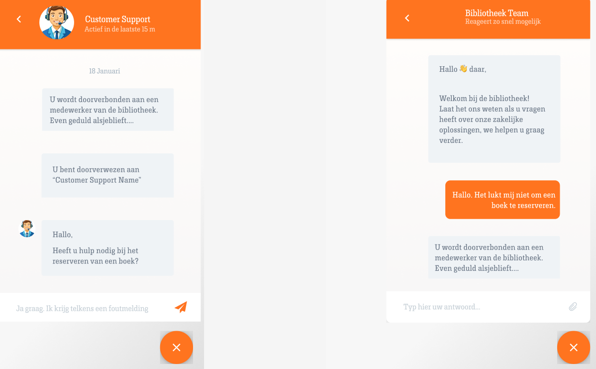UX UI design for chat support feature in library website enabling users to communicate with customer service